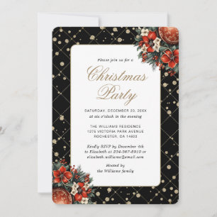 Elegant Black Gold Botanical Christmas Party Invitation