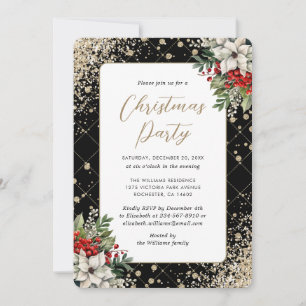 Elegant Black Gold Botanical Christmas Party Invitation