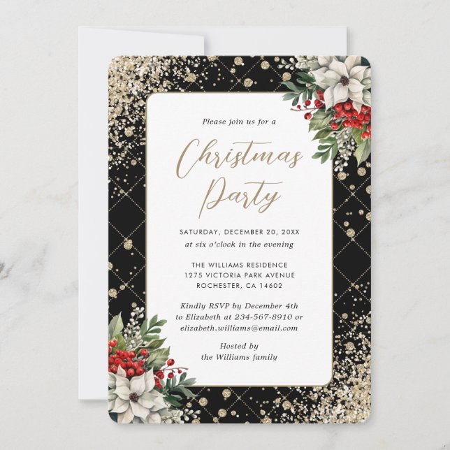 Elegant Black Gold Botanical Christmas Party Invitation (Front)