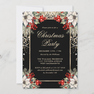 Elegant Black Gold Botanical Christmas Party Invitation