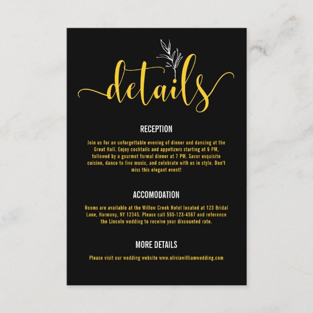 Elegant Black & Gold Botanical Wedding  Enclosur Enclosure Card (Front)