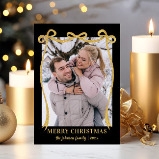 Elegant Black Gold Bow Merry Christmas Photo Holiday Card