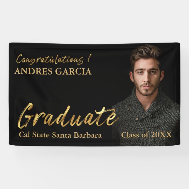 Elegant Black Gold Brush Text Graduate Photo  Banner (Horizontal)