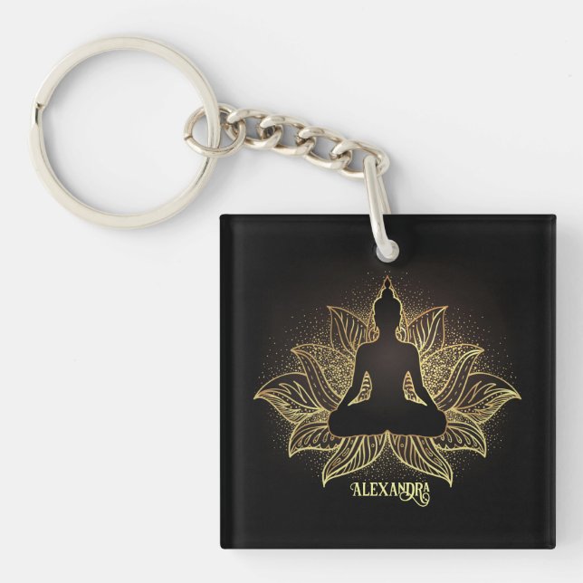 Elegant Black Gold Buddha Meditation Lotus Flower Key Ring (Front)