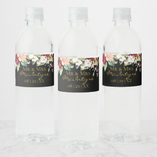 Elegant Black Gold Burgundy Blush Floral Mr & Mrs Water Bottle Label