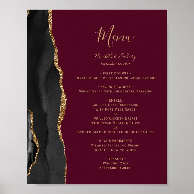 Elegant Black Gold Burgundy Wedding Table Menu Poster (Front)