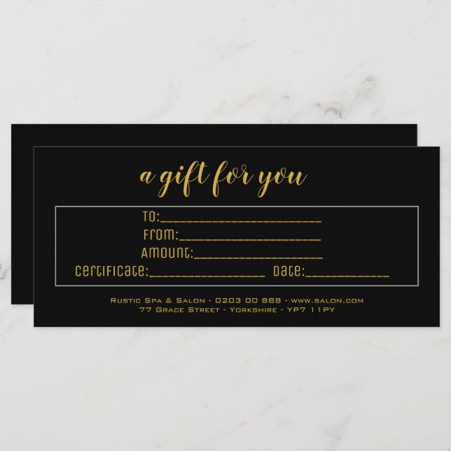 Elegant Black & Gold Business Gift Certificate  (Front/Back)