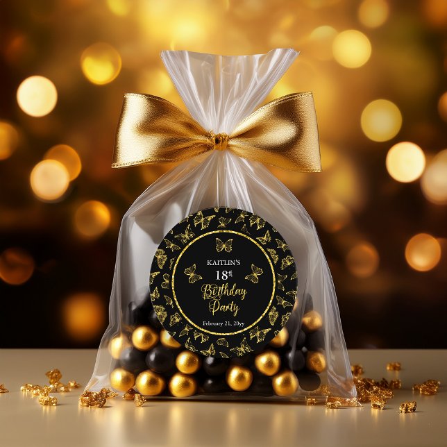 Elegant Black Gold Butterflies 18th Birthday Party Classic Round Sticker (Elegant Black and Faux Gold Glitter Butterflies 18th Birthday Party Classic Round Stickers)