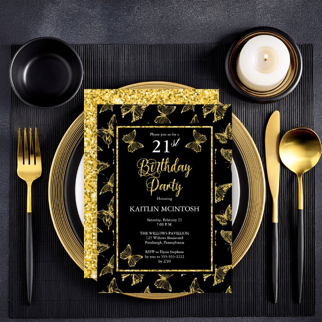 Elegant Black Gold Butterflies 21st Birthday Party Invitation (Elegant Black and Faux Gold Glitter Butterflies 21st Birthday Party Invitation - Print | Digital)
