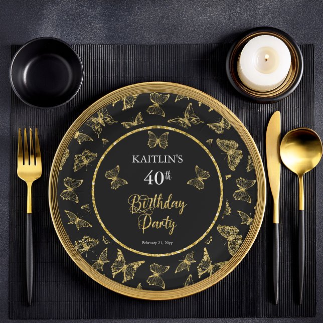 Elegant Black Gold Butterflies 40th Birthday Party Paper Plate (Elegant Black and Faux Gold Glitter Butterflies 40th Birthday Party Flat Paper Plates)