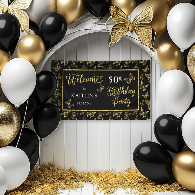 Elegant Black Gold Butterflies 50th Birthday Party Banner (Elegant Black and Faux Gold Glitter Butterflies 50th Birthday Party Banner)