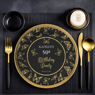 Elegant Black Gold Butterflies 50th Birthday Party Paper Plate