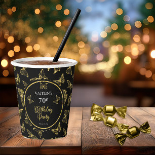 Elegant Black Gold Butterflies 70th Birthday Party Paper Cups