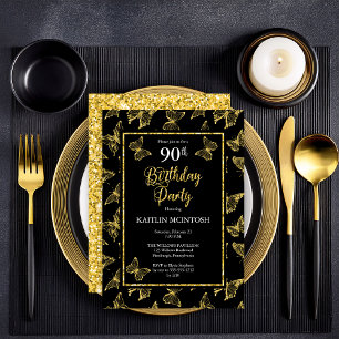 Elegant Black Gold Butterflies 90th Birthday Party Invitation