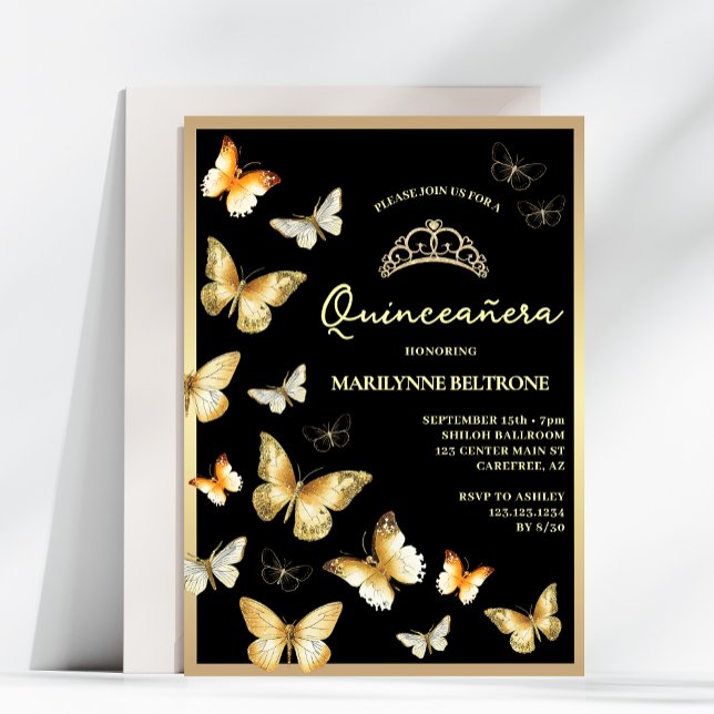 Elegant Black Gold Butterfly Quinceañera Invitation (Creator Uploaded)
