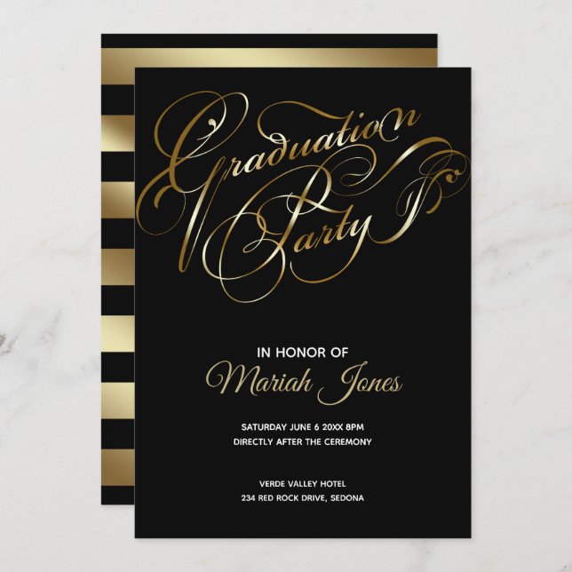 Elegant Black -Gold Calligraphy Graduation Party Invitation (Front/Back)