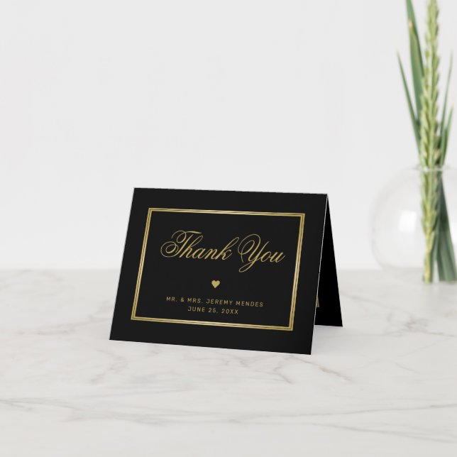 Elegant Black Gold Calligraphy Heart Photo Wedding Thank You Card (Front)