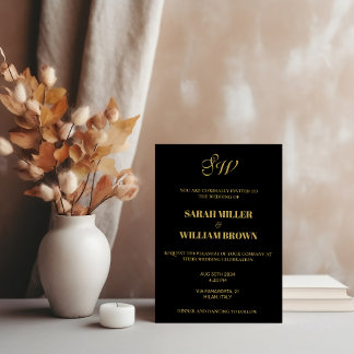 Elegant Black Gold Calligraphy I Monogram Wedding Invitation