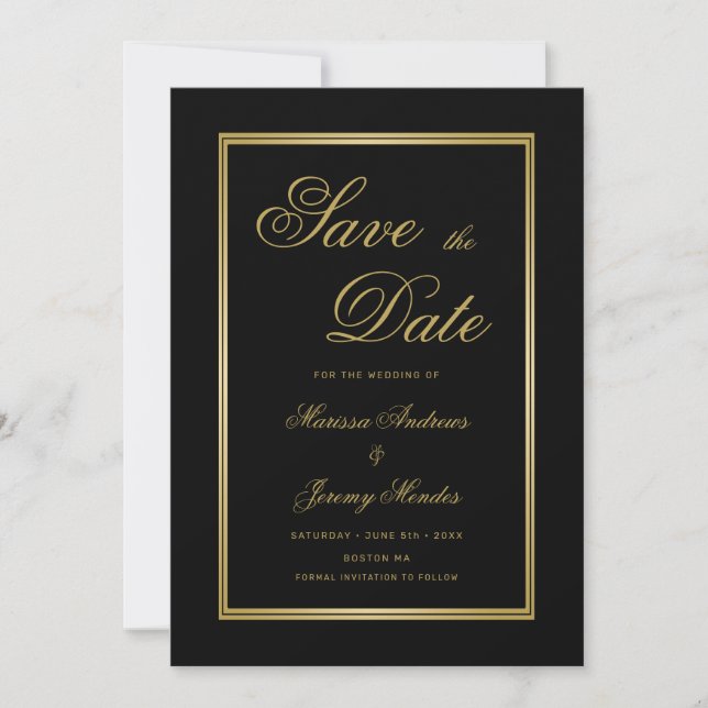 Elegant Black Gold Calligraphy Save the Date Invitation (Front)