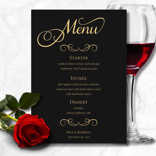 Elegant Black Gold Calligraphy Script Wedding Menu (elegant black and gold calligraphy script menu for wedding dinner, rehearsal dinner engagement party)