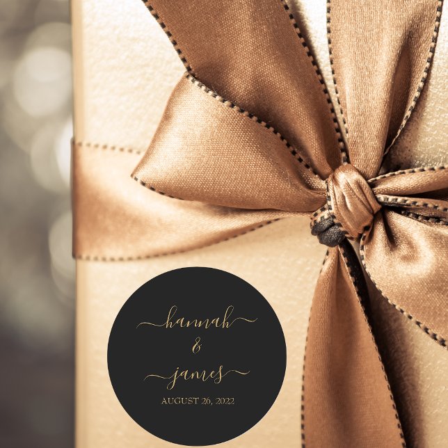 Elegant Black Gold Calligraphy Wedding Classic Round Sticker (Creator Uploaded)