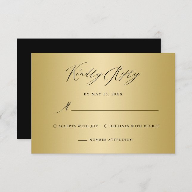 Elegant Black Gold Calligraphy Wedding RSVP Card (Front/Back)