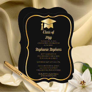 Elegant Black Gold Cap Graduation Party Invitation