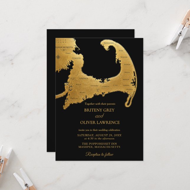 Elegant black gold Cape Cod Map Wedding Invitation (Front/Back In Situ)