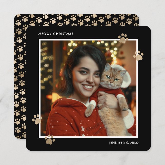 Elegant Black Gold Cat Owner Photo Meowy Christmas Holiday Card (Front/Back)