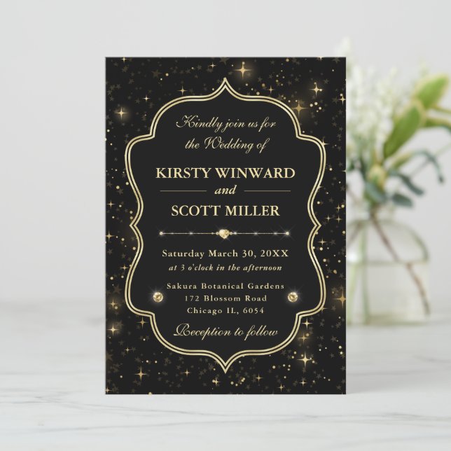 Elegant Black & Gold Celestial Starry Wedding Invitation (Standing Front)