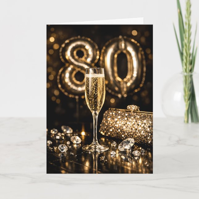 Elegant Black & Gold Champagne 80th Birthday Card (Front)