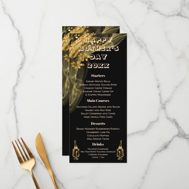Elegant Black & Gold Champagne Mother's Day Menu (Front/Back In Situ)
