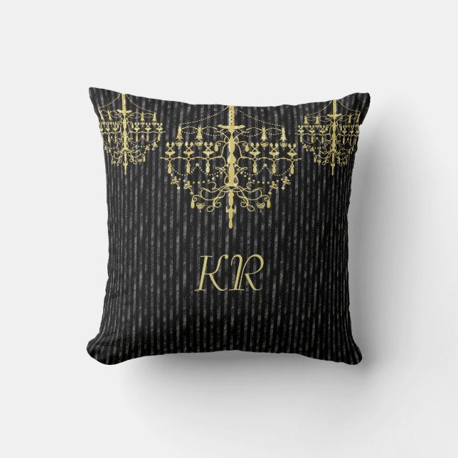 Elegant Black Gold Chandelier Monogram  Cushion (Front)
