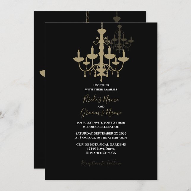 Elegant Black Gold Chandelier Wedding Invitations (Front/Back)