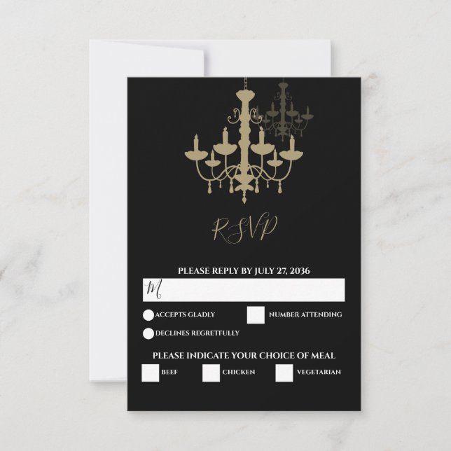 Elegant Black Gold Chandelier Wedding RSVP Card (Front)