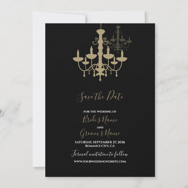 Elegant Black Gold Chandelier Wedding Save The Date (Front)
