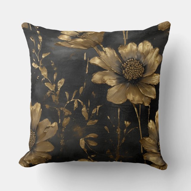 Elegant Black Gold Charcoal Floral Cushion (Front)