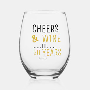 Elegant Black & Gold Cheers & Wine 50th Birthday Stemless Wine Glass