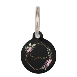 Elegant Black Gold Cherry Blossom Custom Name Pet Tag
