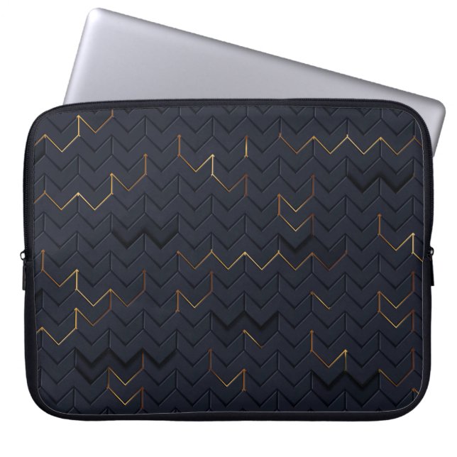 Elegant Black-Gold Chevron Pattern Laptop Sleeve (Front)