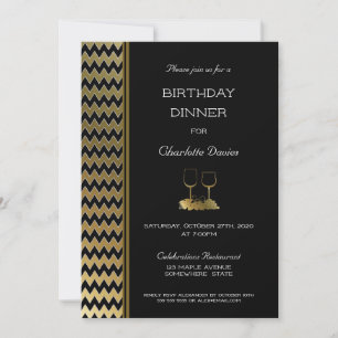 Elegant Black Gold Chevron Striped Birthday Dinner Invitation