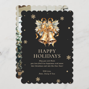 Elegant Black Gold Christmas Bells Snowflake Photo Holiday Card