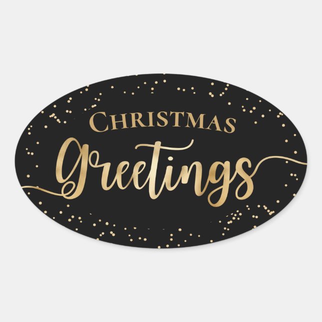 Elegant Black Gold Christmas Greetings Oval Sticker (Front)