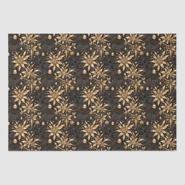 Elegant Black Gold Christmas Ornament Floral  Tissue Paper (Front)