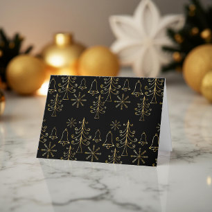 Elegant Black Gold Christmas Tree Bell Snowflake  Holiday Card