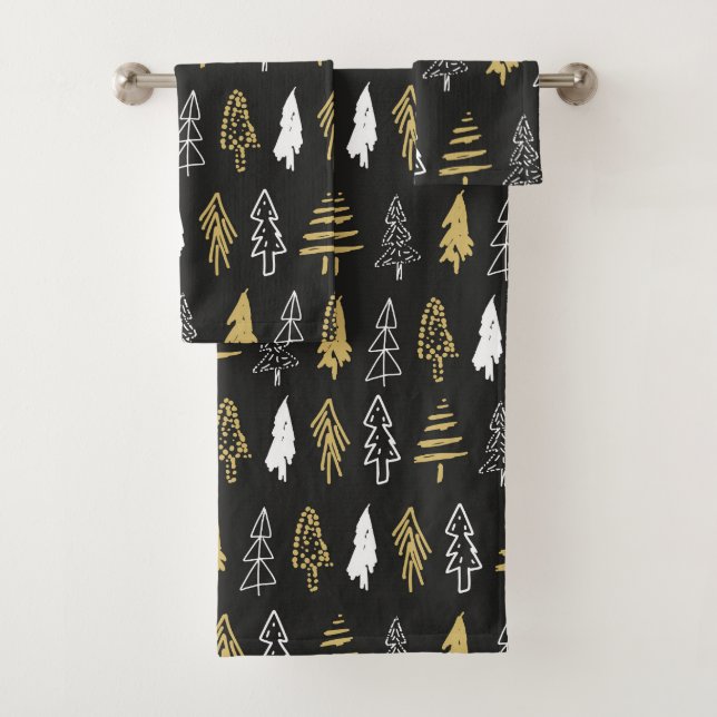 Elegant Black Gold Christmas Tree Forest Pattern Bath Towel Set (Insitu)