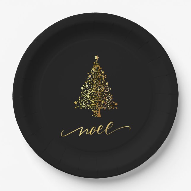 Elegant Black & Gold Christmas Tree Noel Paper Plate (Front)