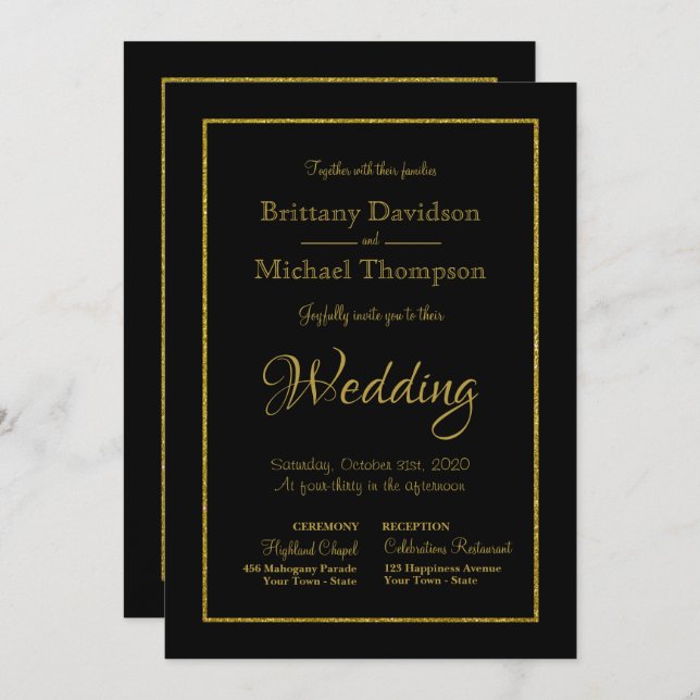 Elegant Black Gold Church Wedding Invitation (Front/Back)