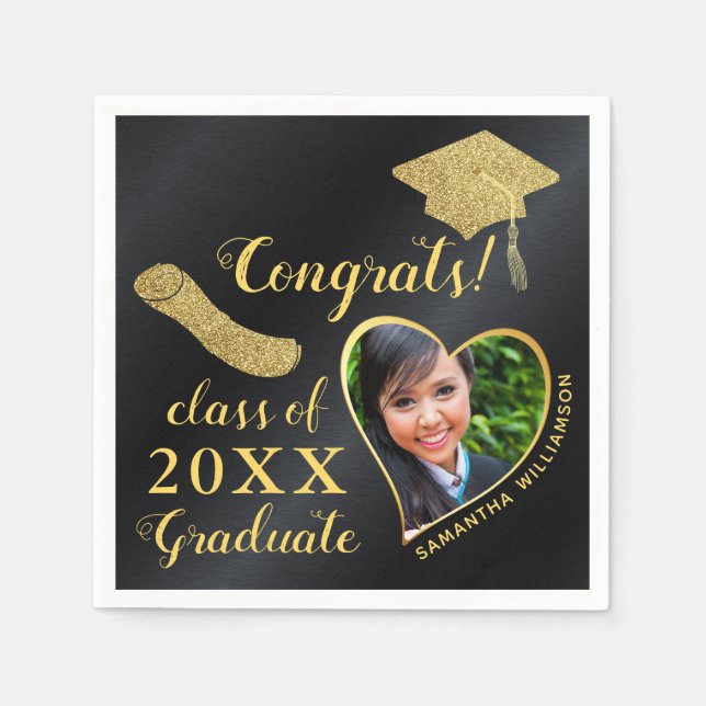 Elegant Black Gold Class of 2025 Photo Graduation Napkin (Front)