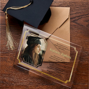 Elegant Black   Gold College Univ Graduation Party Acrylic Invitations